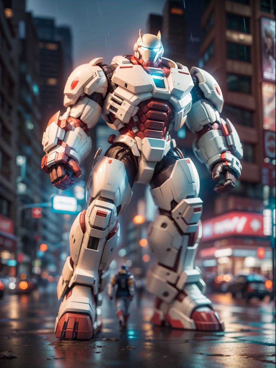 Android like mix of metal skin panic madox-01 and marvel's hulkbuster, full white color at a city downtown with much neon light in a raining night