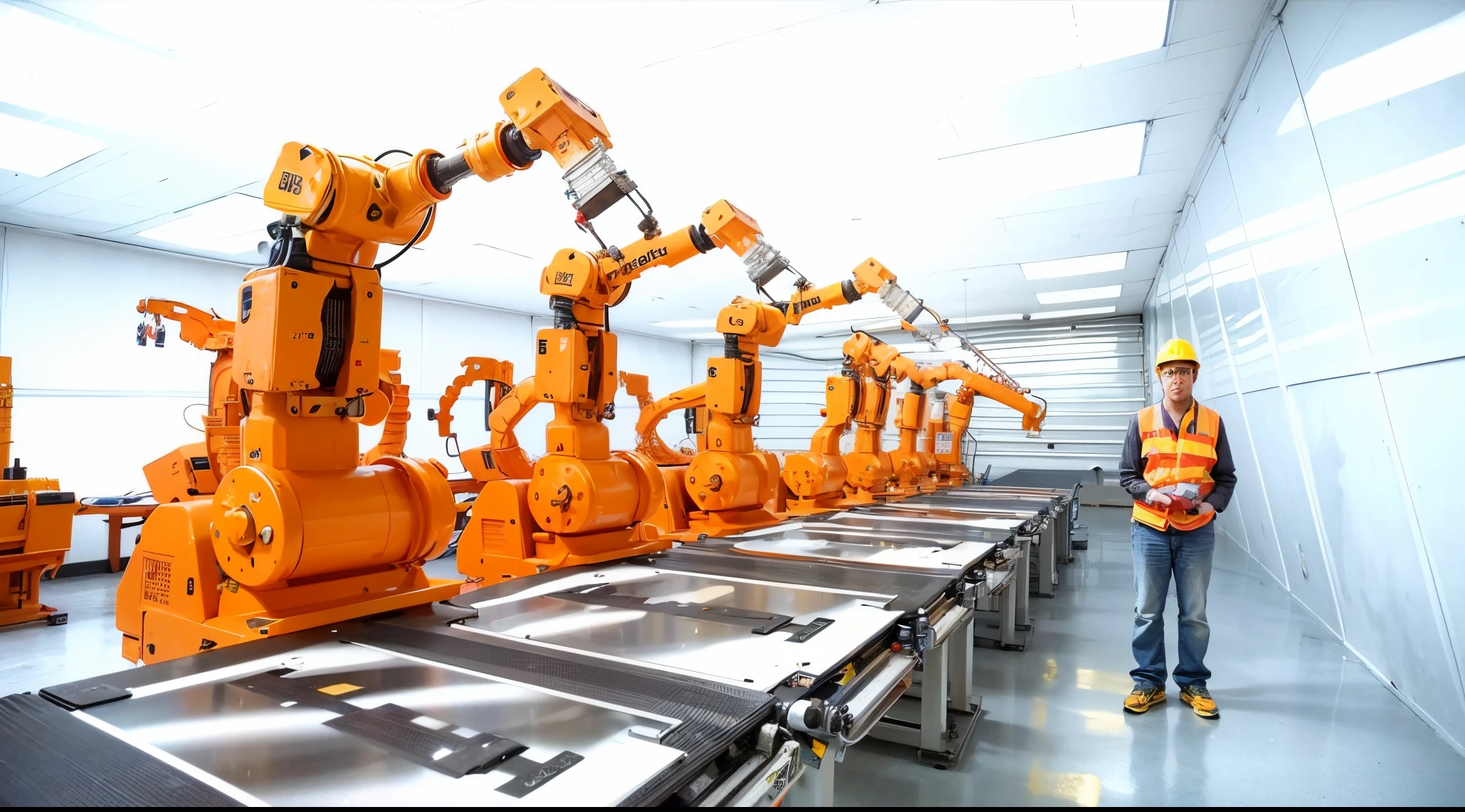 industrial robots in a factory with a lot of big razor blades in conveyor belt, industrial robots, robot machinery, robotic machines, robotic arms, robotic machinery, robot factory, industrial robot, robot arms, extended robotic arms, robotic, robotic platform, with robotic arms, robot in construction, robotic extended arms, realistic robotic machinery, machines and futurist robots, automation, robots, very detailed, very detailed razor blade, a worker standing at the right side wearing orange suit with yellow helmet, factory worker holding document, realistic image, very detailed image, 16k resolution