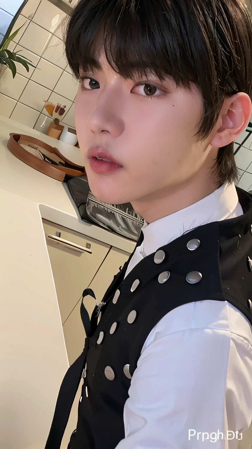 there is a young man with a black vest and white shirt, cabelo ruivo, Ulzzang macho, Jung Jaehyun, Cai Xukun, Jinyoung Canela, Kim Doyoung, Sakimichan, delicate androgynous prince, Beautiful androgynous prince, Jungkook, pale porcelain white skin, jinyoung shin aesthetic, Ulzzang, wan adorable korean face, pale fair skin!!