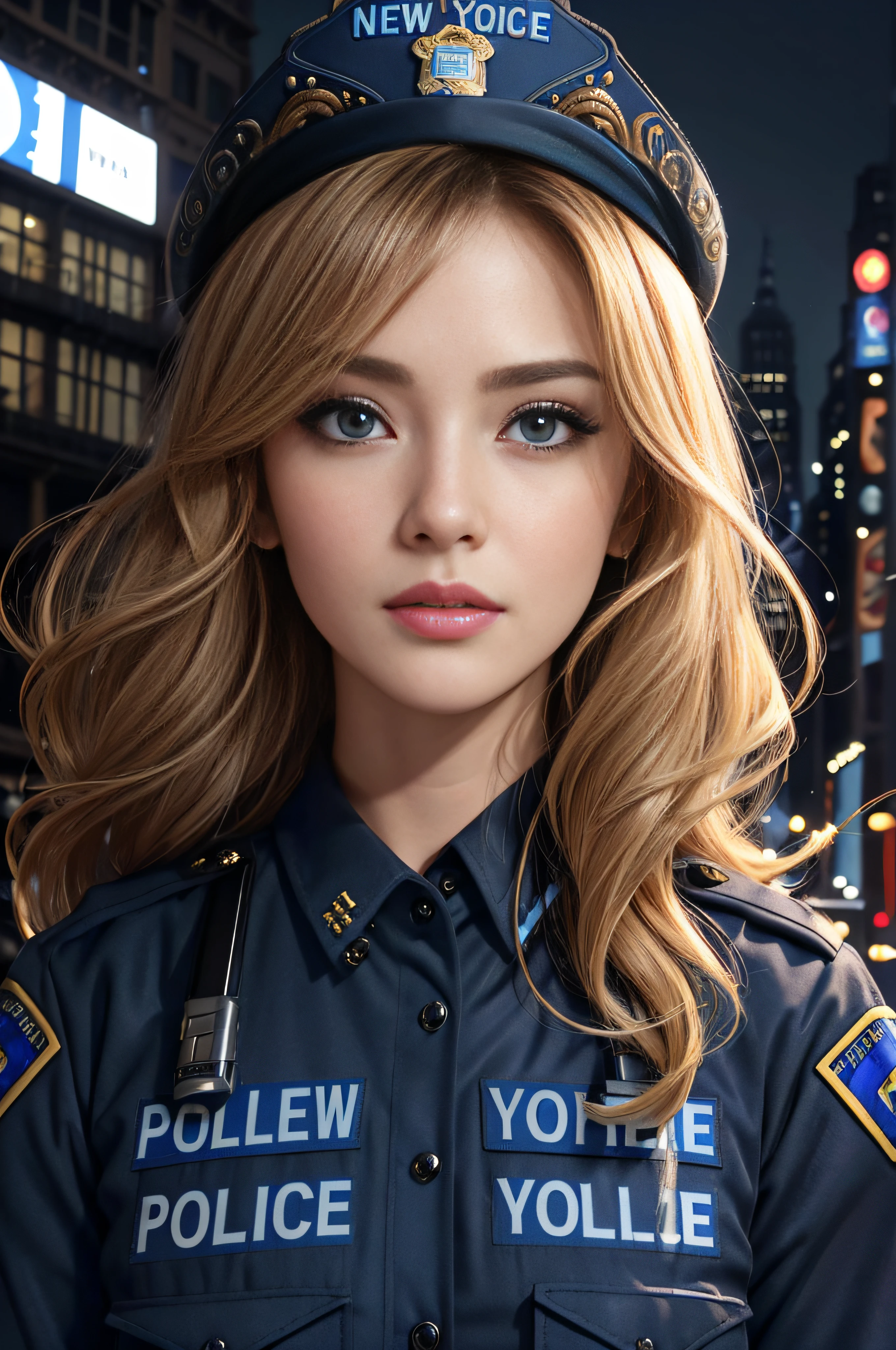 top-quality、hight resolution、ultra-detailliert、​masterpiece、Raw photography:1.5、realisitic:1.5、Photorealsitic:1.5、extremely delicate and beautiful、finely detail、 1womanl、(Super beautiful)、(beauitful face:1.5)、(A detailed face:1.5)、gala k-up、(lip stick:1.1)、(eye line:1.2)、mascara、eyeshadows、glamor、blue eyess、(Blonde and brown hair)、Wavy Hair、asymmetrical bangs、(new york police uniform:1.5)、city street at night、cowboy  shot