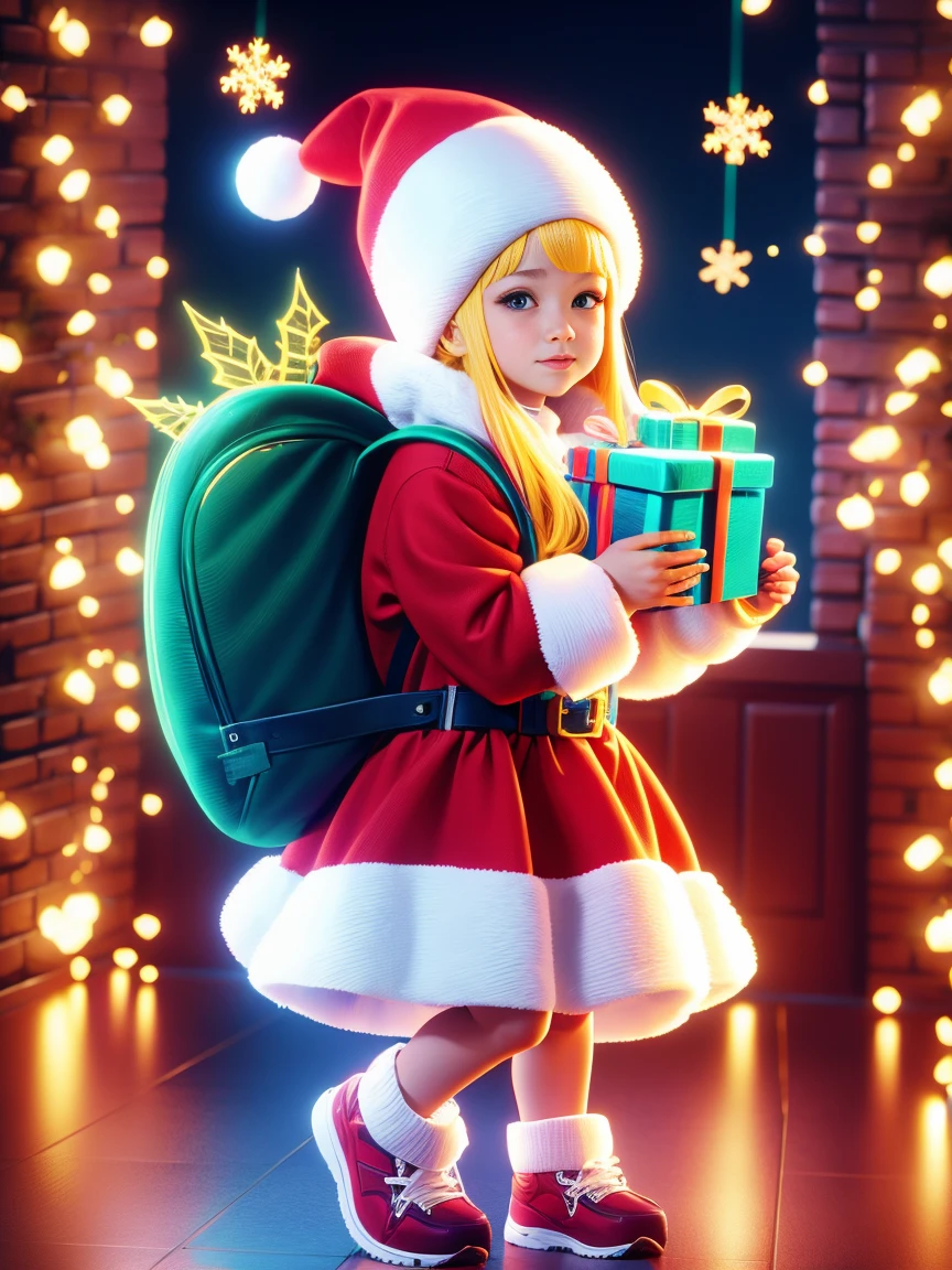 christmas，1 girl，backpacks，Transparent glowing Christmas costumes，Christmas tree，Christmas decorated room