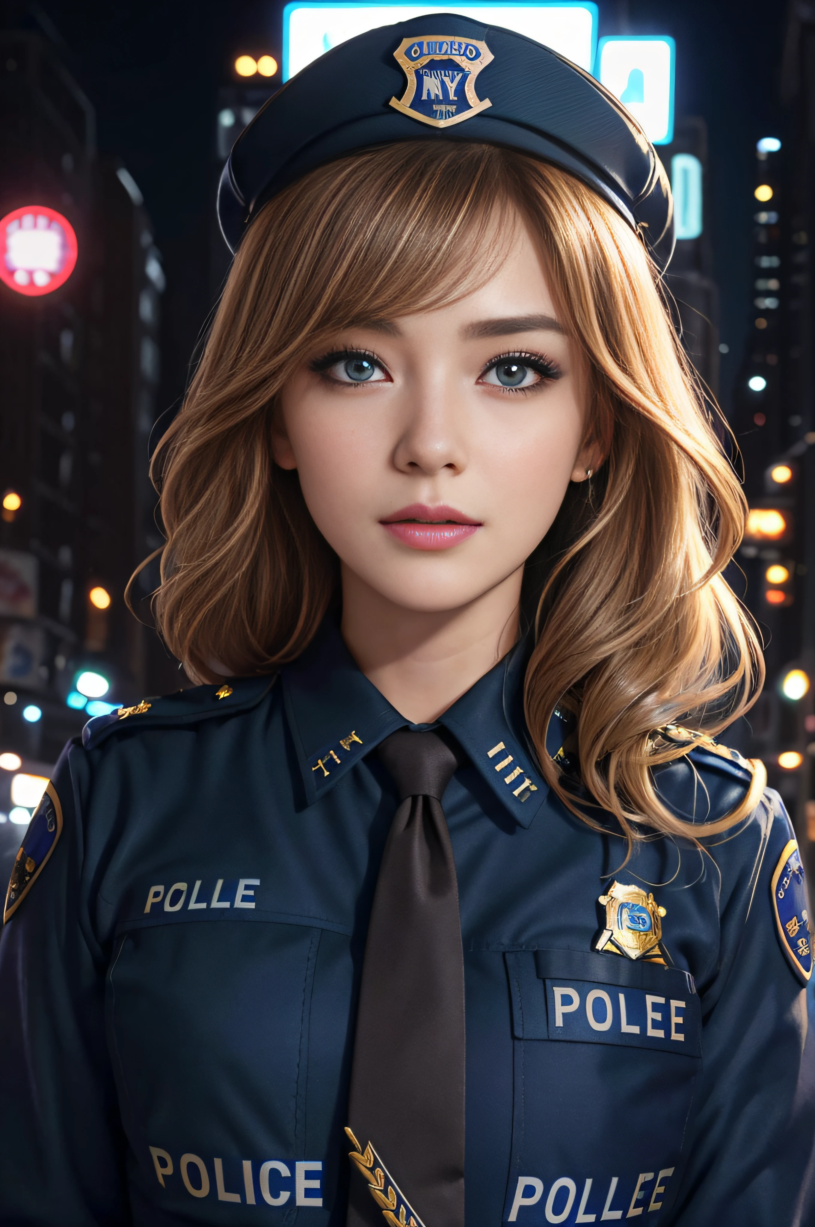 top-quality、hight resolution、ultra-detailliert、masterpiece、Raw photography:1.5、realisitic:1.5、Photorealsitic:1.5、extremely delicate and beautiful、finely detail、 1womanl、(Super beautiful)、(beauitful face:1.5)、(A detailed face:1.5)、gala k-up、(lip stick:1.1)、(eye line:1.2)、mascara、eyeshadows、glamor、blue eyess、(Blonde and brown hair)、Wavy Hair、asymmetrical bangs、(new york police uniform:1.5)、city street at night、cowboy shot