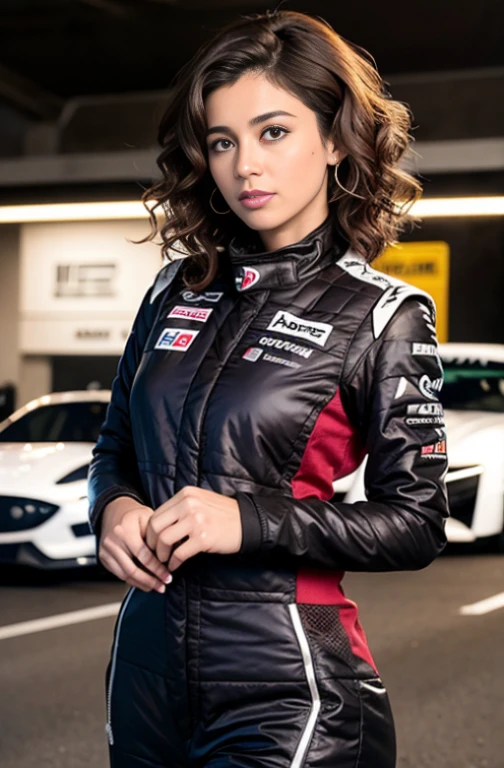 Uma mulher com um corpo normal com 35 anos, curly hair, Brown skin, Female F1 Driver, F1 Driver suit,  a imagem era realista contra o pano de Fundo de um estacionamento industrial mal iluminado, parado ao lado de um carro antigo com pintura gasta