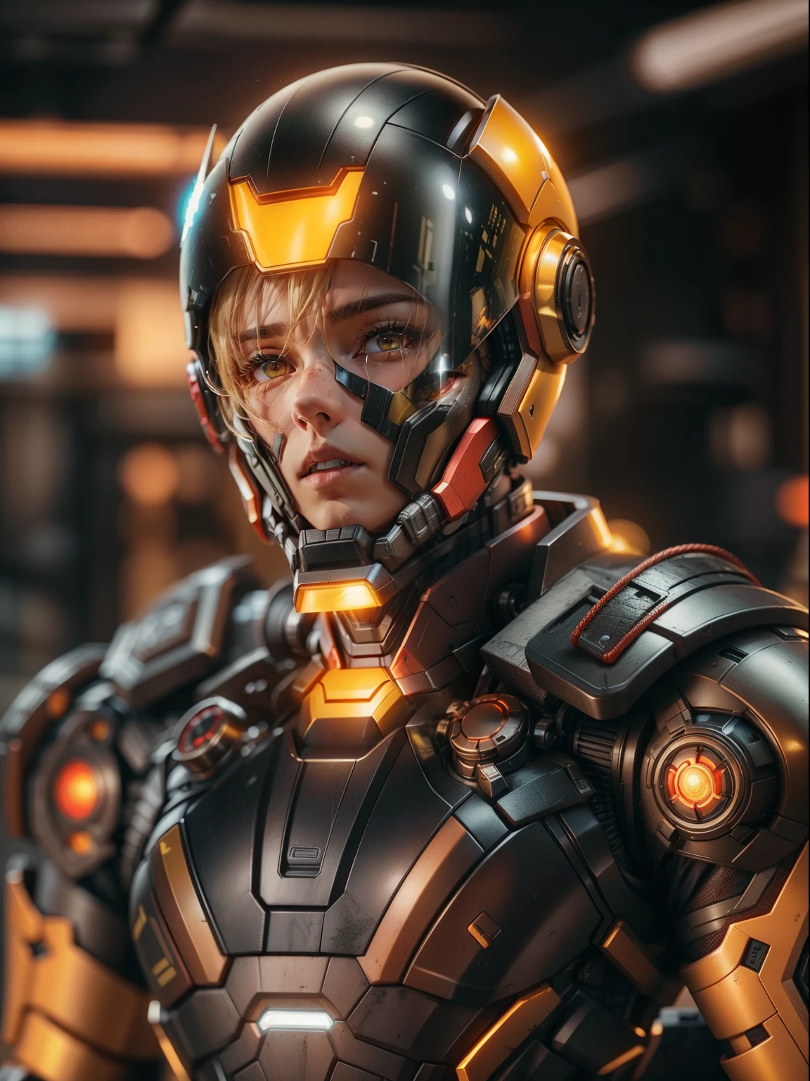 Android like marvel's war-machine, Cyberpunk, 8k, with helmet like ironman, with armor full yellow and black color