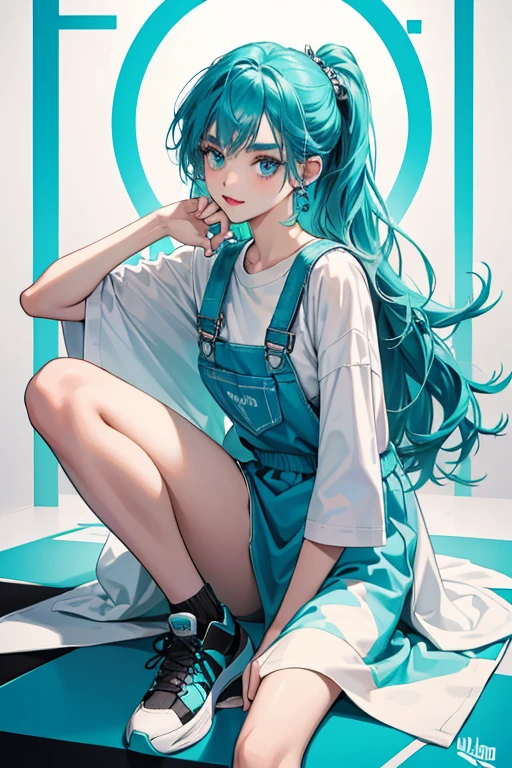 Blu is a teenage girl with a short build, being shorter and more petite than most other characters. She has lightly tanned skin with blue eyes, brown eyebrows and aqua blue wavy hair. Her eyeshadow is mostly aqua blue, and she pairs this with deep red lipstick. Being very bright in color, she also has long aqua blue acrylic nails on her fingers. Blu wears a black graphic t shirt that reads the word “Rainbow” in bold font. She wears an aqua blue overall dress over it. For her shoes, she wears black and white sneakers with aqua blue laces, and stripped black and white socks. She also features an aqua blue cast on her right arm, with different signatures scrawled across it