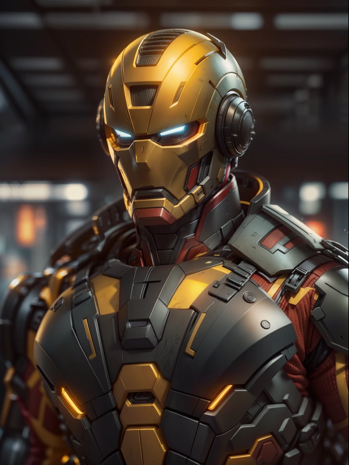 Android like marvel's war-machine, Cyberpunk, 8k, with helmet like ironman, with armor full yellow and black color