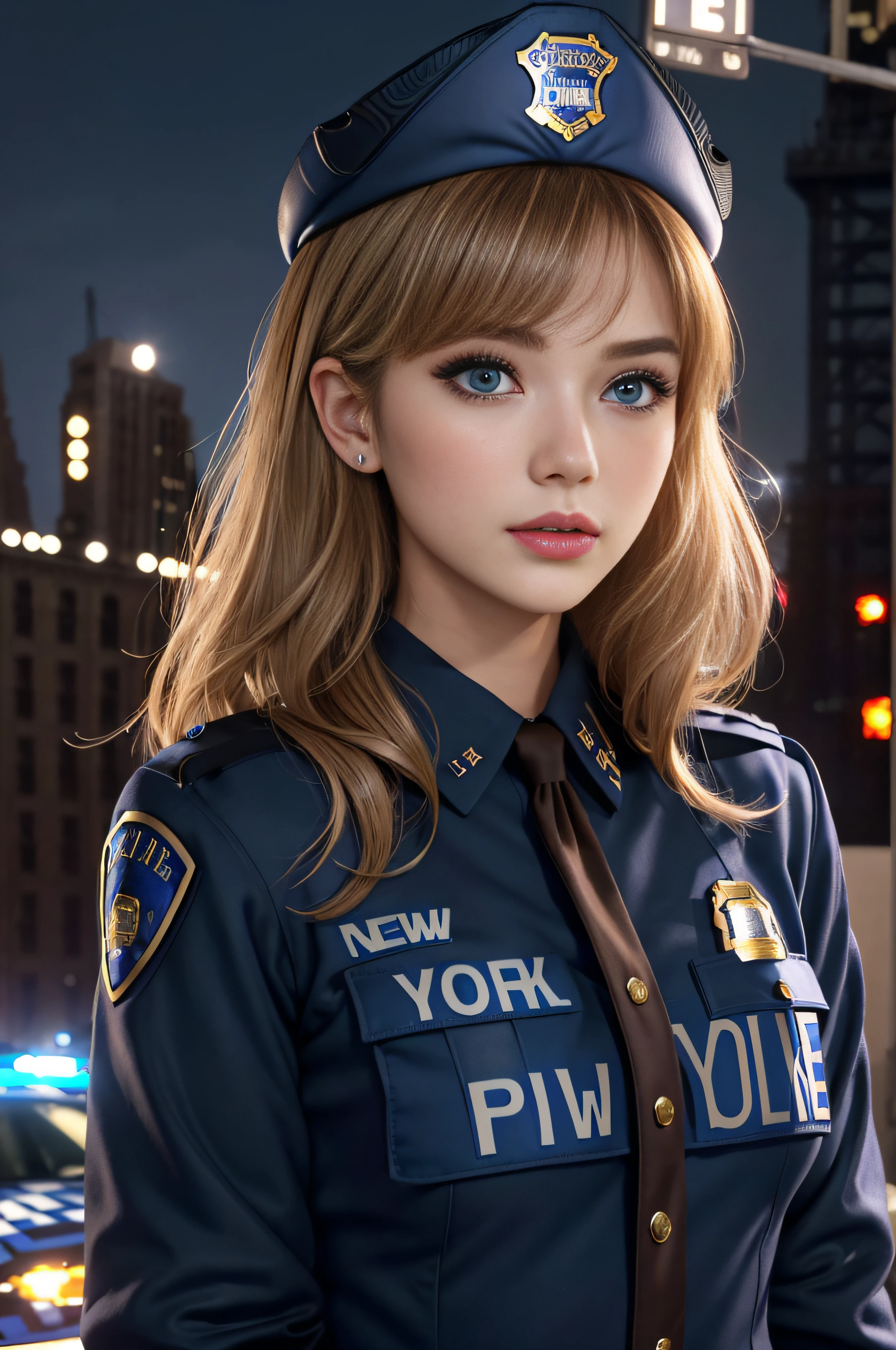 Highest quality、High resolution、Ultra-detailed、masterpiece、RAW Photos:2、Realistic:2、Photorealistic:2、Very delicate and beautiful、In detail、 1 Female、(so beautiful)、(Beautiful Face:1.5)、(Detailed face:1.5)、Gala K Up、(lipstick:1.1)、(Eyeliner:1.2)、mascara、eye shadow、Glamour、blue eyes、(Blonde and brown hair)、Wavy Hair、Asymmetrical bangs、(new york police uniform:1.5)、Night Street、Cowboy Shot