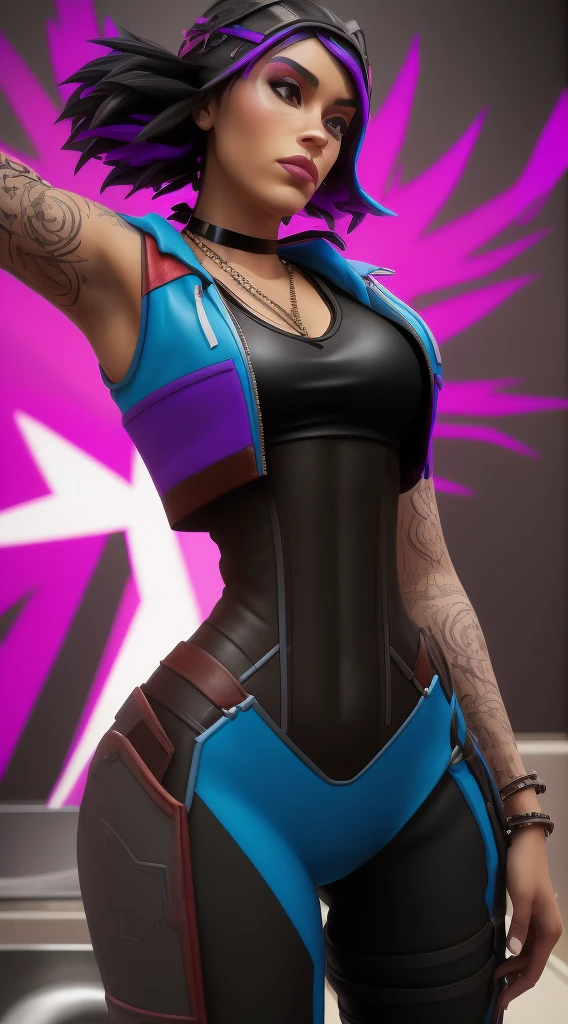 um close up de uma pessoa com uma roupa rosa rasgados a coxa segurando uma caixa de pizza , Personagem de Fortnite, armadura rosa lisa, pink iconic character, Pele rosa muito clara , como um personagem de fortnite, Skin de Fortnite, armadura rosa simplificada, roupa leeloo, pele bronzeada, armadura rosa fosco, corpo chiclete, fuchsia skin, Laserpunk Traje de corpo inteiro, pele fuschia lisa