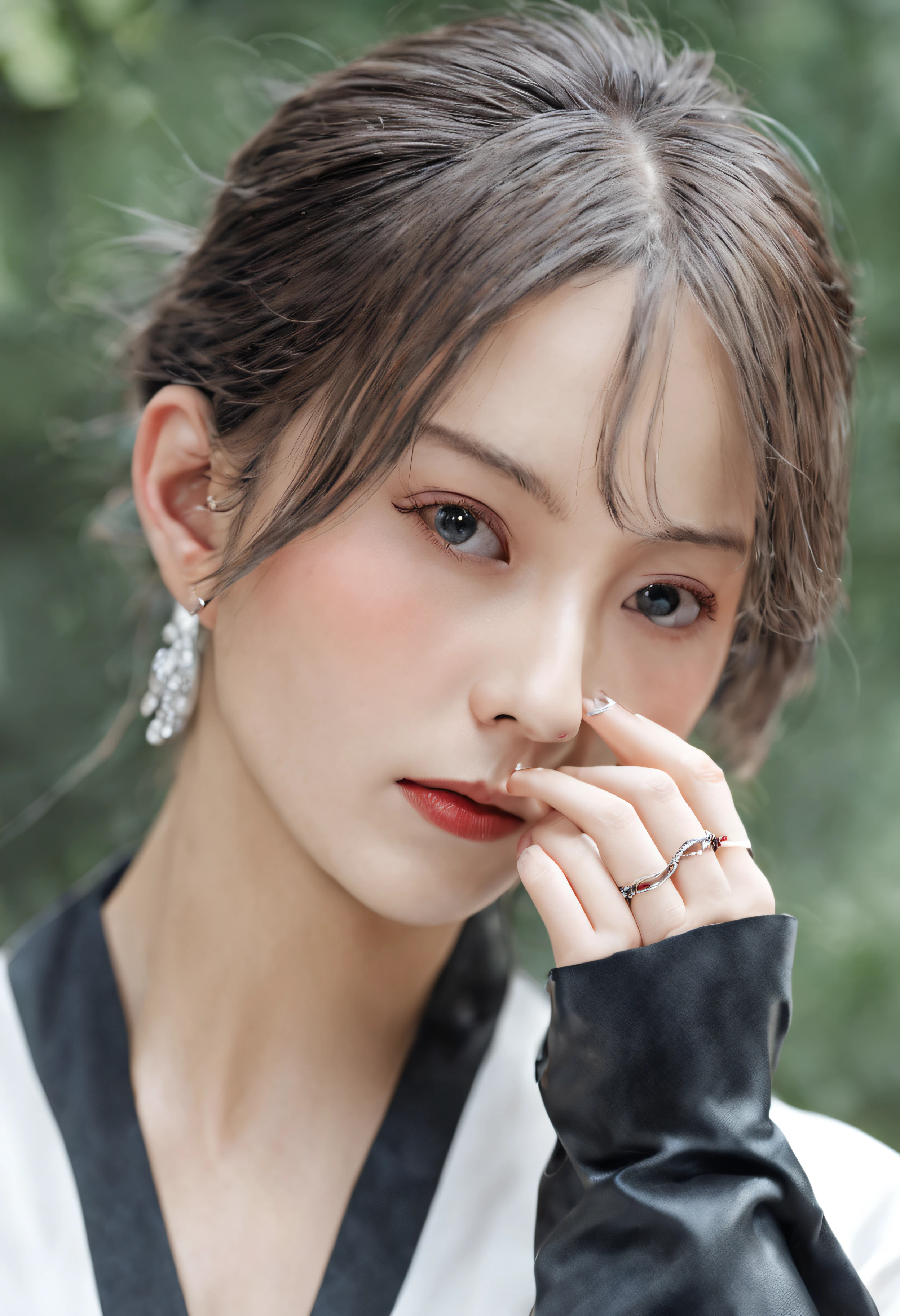 1 busty girl, Water-colored eyes, Take a step back, through bangs, shoulder, Black gloves, eBlue eyes, woven, collars, ear nipple ring, Fingerless gloves, from back, mitts, Has gray hair, fail, jaket, jewely, Long gray hair, looking at viewert, back to look back, nail polish, cropped shoulders, avas, Punching, pony tails, red blouse, Alone, upper part of body,He didn't,[[actual]],(Glowing and radiant skin),(tmasterpiece:1.4),(Best quality:1.4)