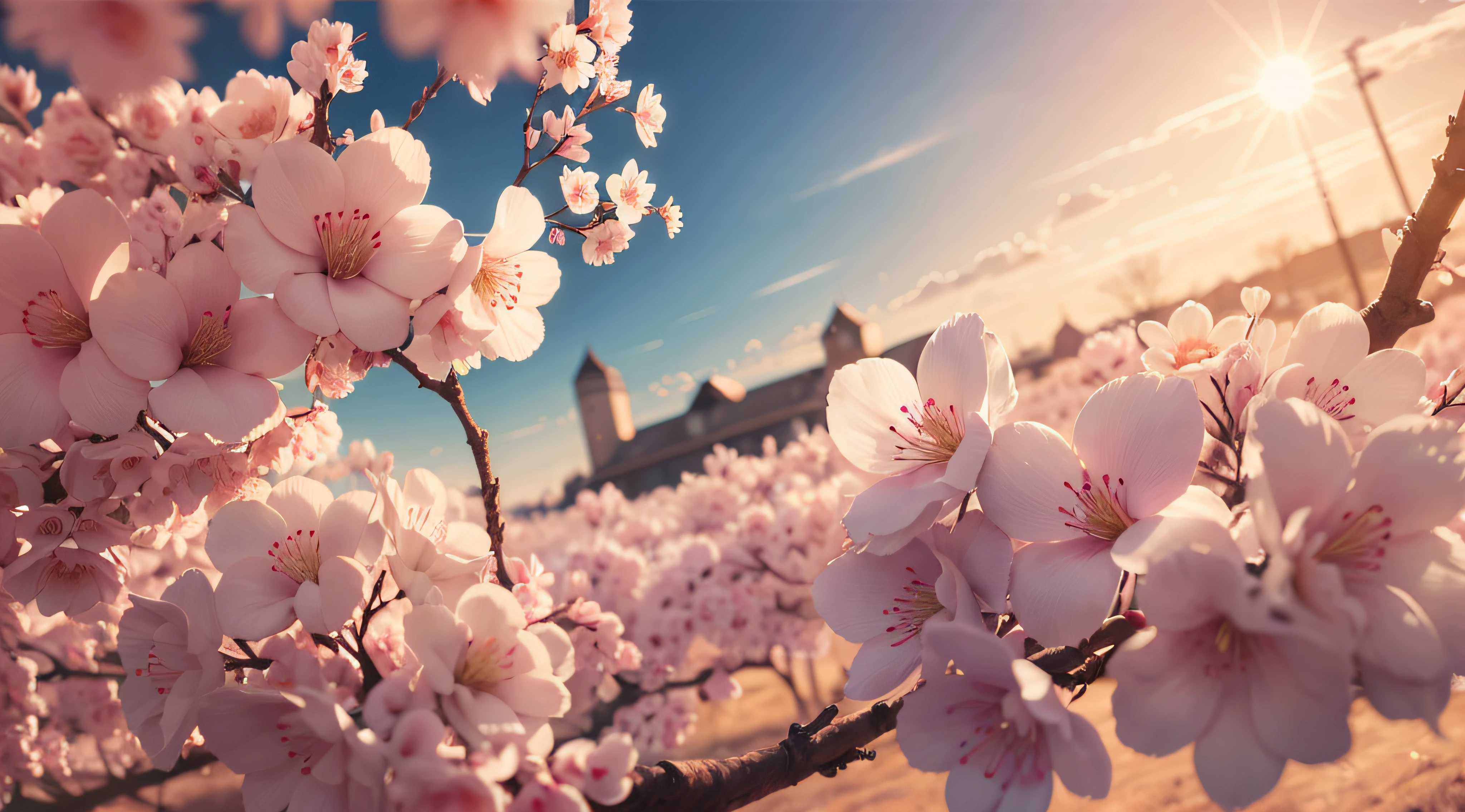 Creates a high-resolution image of a cherry blossom on a beautiful sunset afternoon, close up, ultra detailed, 8K, Sunshine Lights