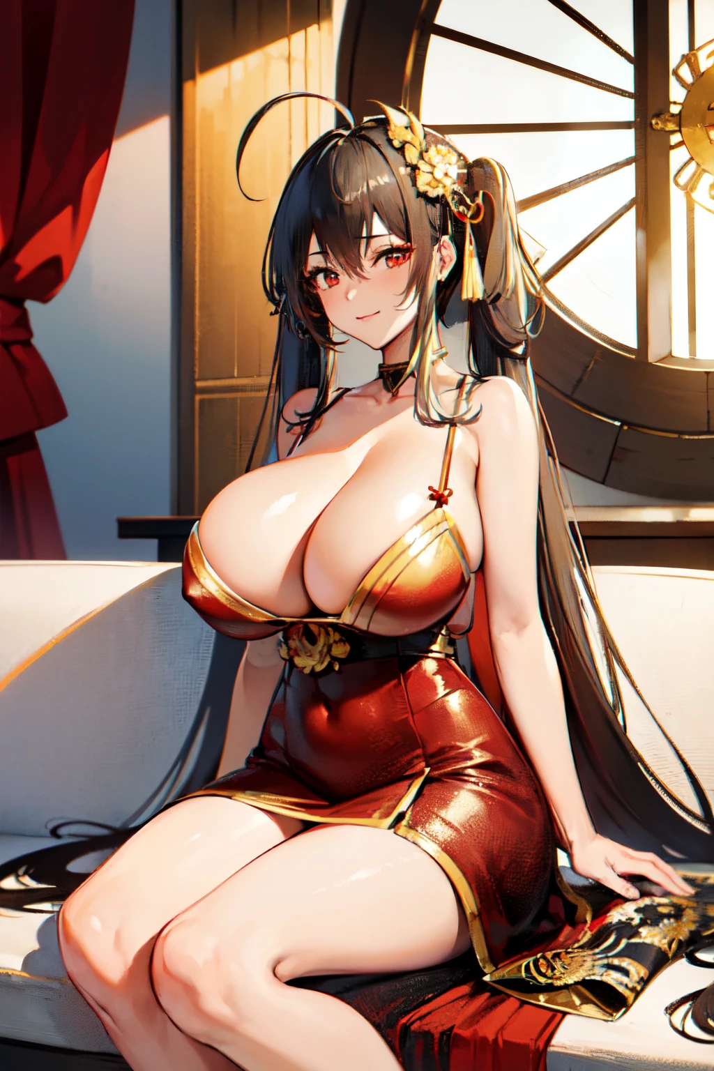masterpiece, best quality, ultra high res, beautiful detailed hair detailed face, perfect feminine face, an anime drawing inspired by Torii Kiyonobu I, pixiv, (((attractive taihou))), azur lane, twintails hair, ((gigantic breasts:1.5)), (huge cleavage), ahoge, black hair, hair ornament, ((red evening gown)), (sitting down), cross-leg sitting on the couch, evil face, smirk, cynical stare, art by sakimichan, george kamitani, akira yasuda