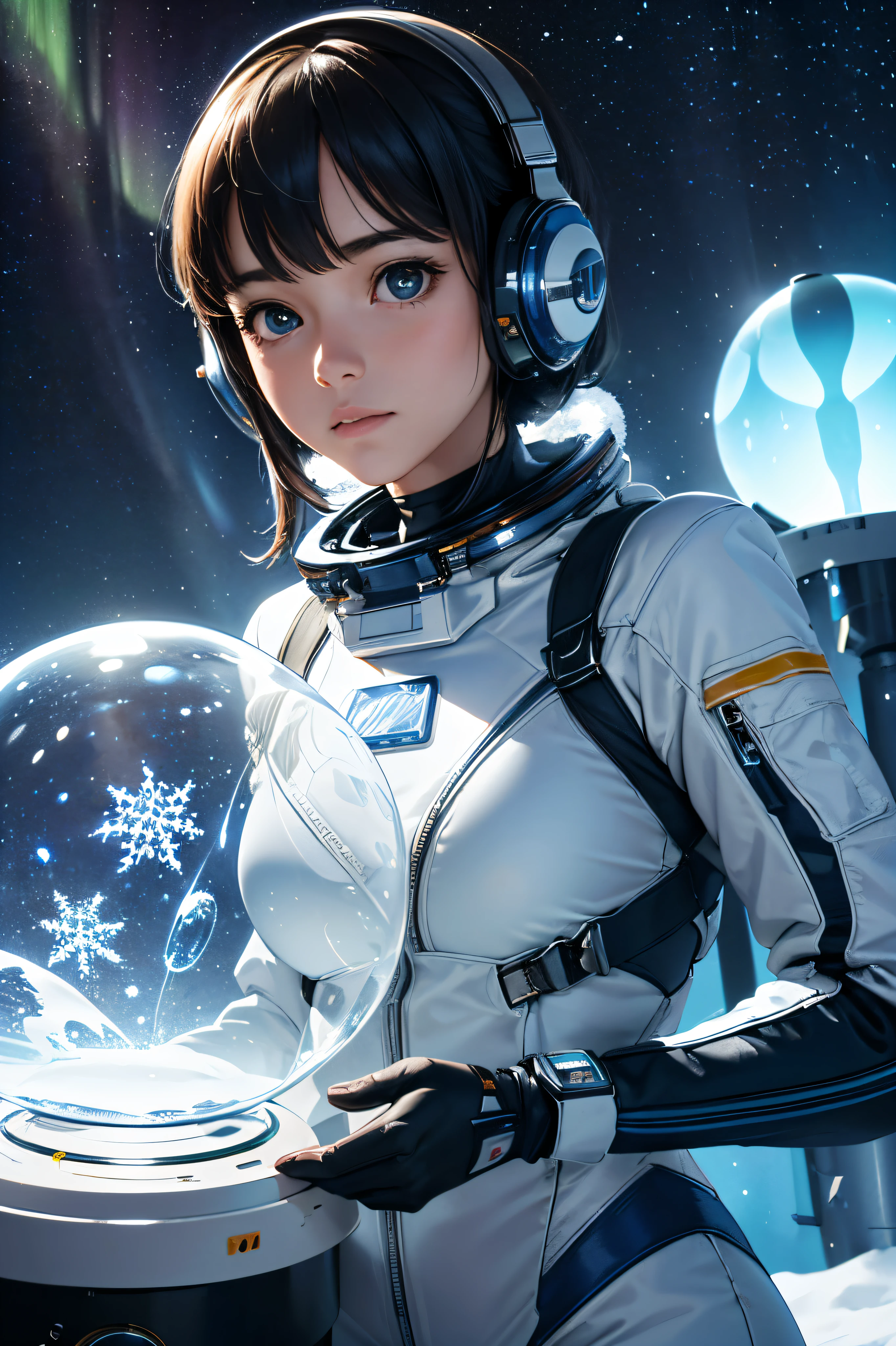 (best quality,4k,8k,Altas,master part:1.2),ultra-detalhado,(Realistic,fotorrealista,photo-realistic:1.37),girl inside a space station,segurando um globo de neve,christmas tree inside,estrela brilhante,flocos de neve brilhantes,reflexo das luzes,brilho suave do globo de neve,Christmas Spirit,magical ambiance,Pacific background,star-filled sky,weightlessness,aurora boreal,traje de astronauta,capacete de astronauta,cosmic view,gravidade zero,Tecnologia futurista,calm expression,eyes full of admiration,magical scene,estrelas cintilantes,spacious interior,Beleza silenciosa,Elegant décor