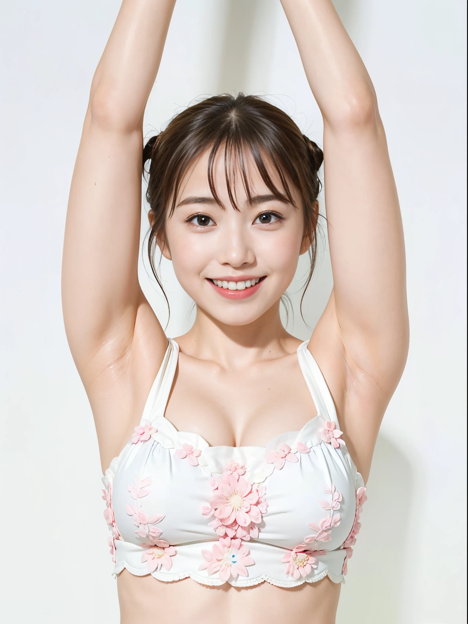 top-quality、in 8K、​masterpiece、超A high resolution、(Photorealsitic:1.4)、Raw photo、((a girl solo:2.0))、Japanese ido、18year old、Smiling happily、Professional Writing、sexy  pose、((Show off your armpits:1.1))、((Armpit:1.3))