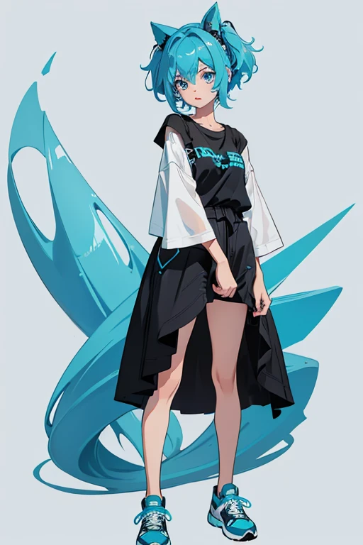 Blu is a girl with a short build, being shorter and more petite than most other characters. She has lightly tanned skin with blue eyes, brown eyebrows and aqua blue wavy hair. Her eyeshadow is mostly aqua blue, and she pairs this with deep red lipstick. Being very bright in color, she also has long aqua blue acrylic nails on her fingers. Blu wears a black graphic t shirt that reads the word “Rainbow” in bold font. She wears an aqua blue overall dress over it. For her shoes, she wears black and white sneakers with aqua blue laces, and stripped black and white socks. She also features an aqua blue cast on her right arm, with different signatures scrawled across it