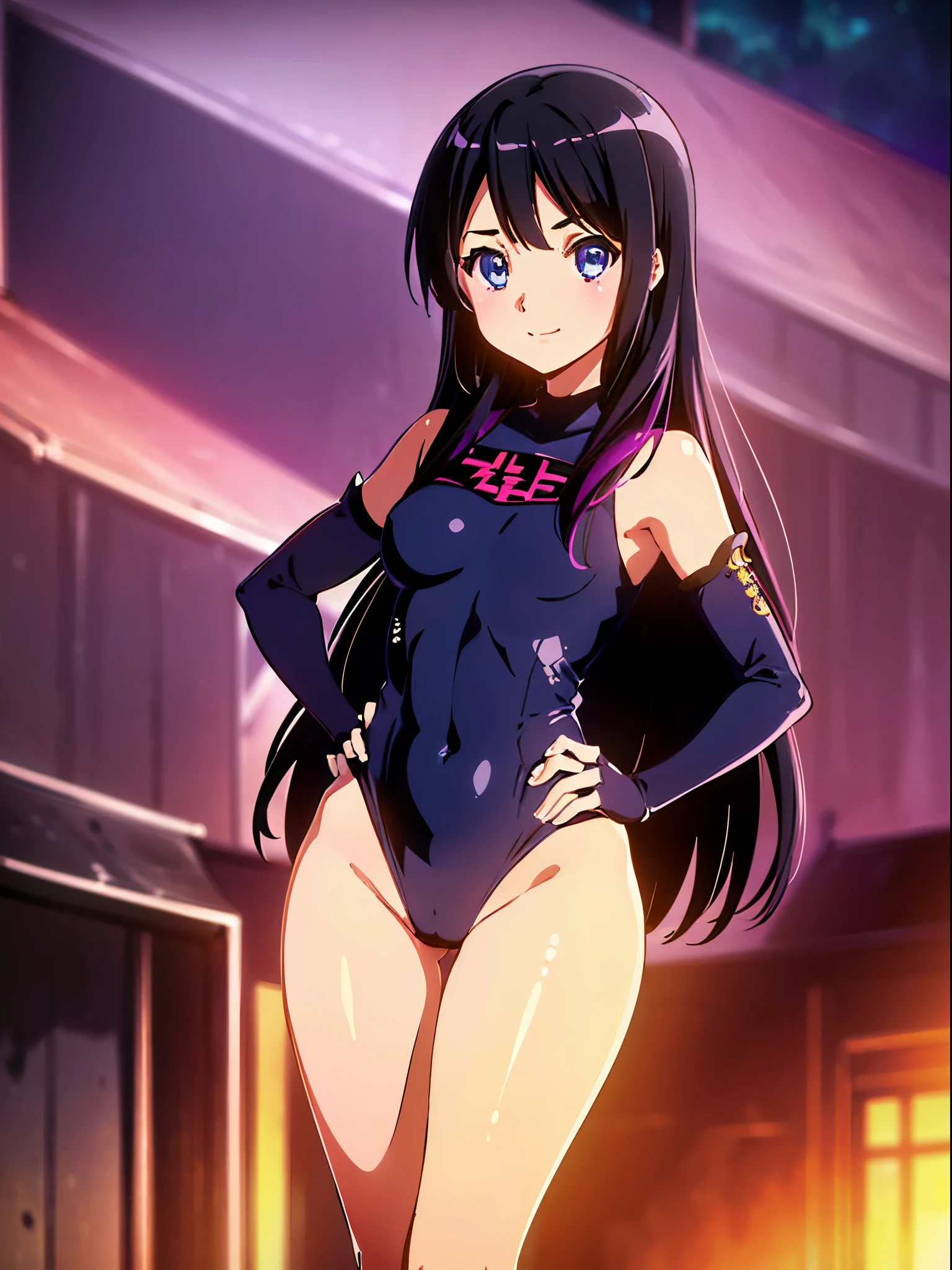 1girl, medium breasts, leotard, bare legs, gloves, boots, superhero, standing, hands on hip, city backdrop, (beautiful detailed eyes:1.6), (perfect hands, perfect anatomy), reina kousaka, smile, long hair