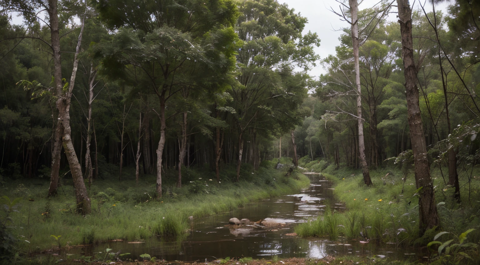 storm in the closed forest with many trees and vegetation around a small stream, wet rain vegetation