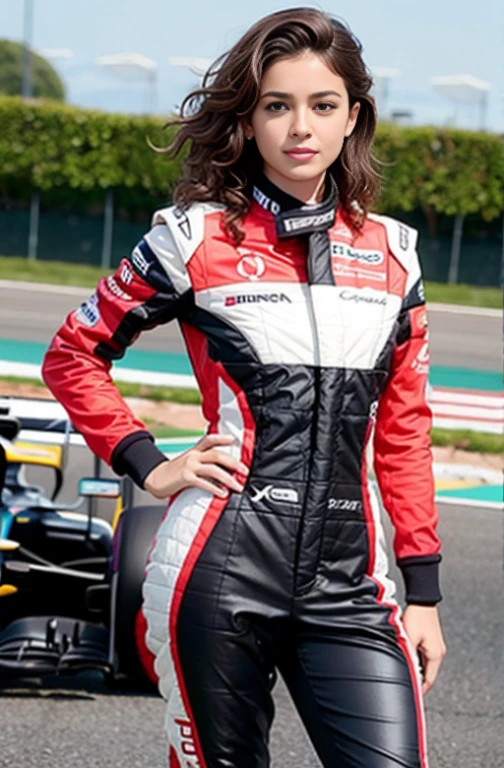 racer jumpsuit, ((white shirt)), formula 1 pilot, (full body, ultra-detailed),standing next to a formula 1 racing car, in front of the camera, ((perfect eyes, detailed eyes,realistic eyes)), (masterpiece, best quality, ultra-detailed, best shadow), high contrast, (best illumination), ((cinematic light)), colorful, hyper detail, dramatic light, intricate details, (1 girl, solo) , ultra detailed artistic photography, dreamy, backlit, shadows, ultra high definition, 8k, ultra sharp focus, ultra high quality model, soft lighting, film photography, analogue photography, hyperrealism,, ((sharp face, detailed face, realistic face, naturtal skin, realistic skin, detailed skin, pores)), large breast