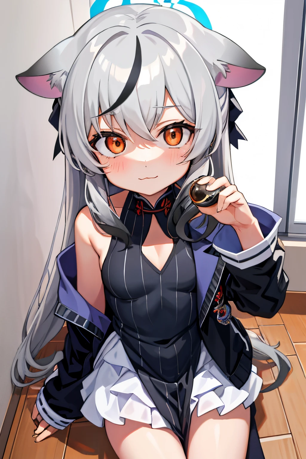 tmasterpiece, best qualtiy, ultra - detailed, 1girll,Gray hair Kokona, inside in room, Orange eye, :3,the face, closeup cleavage, at school