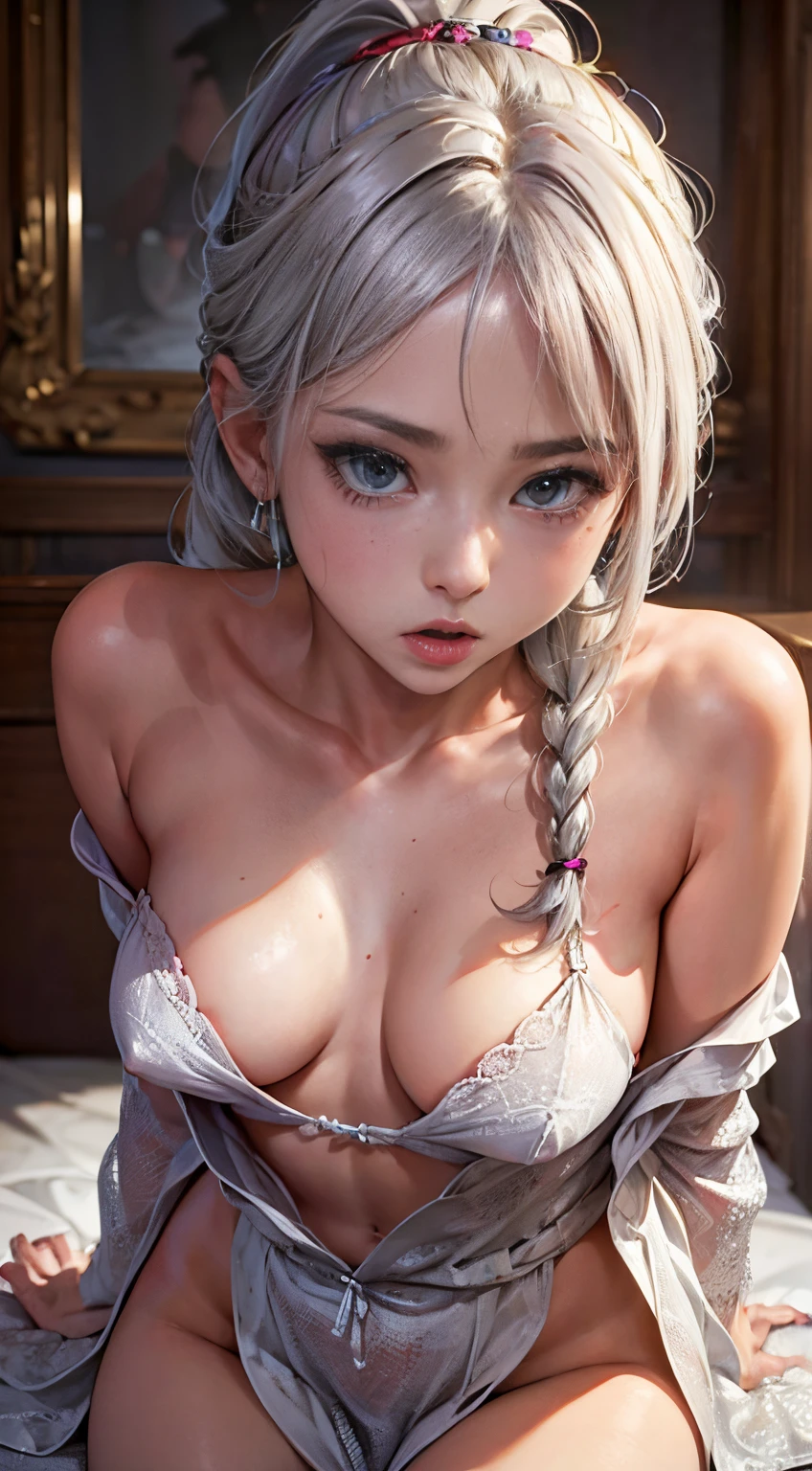 (Best Quality, masutepiece:1.2), 超A high resolution, Realistic, Front lighting, intricate detailes, Exquisite details and textures, 1girl in, Solo ,(年轻), Face Highlight, Upper body, Detailed face, Tear mole, White skin, Silver hair, Ponytail, Braid hair, Looking at Viewer, Big eyes, silk robe, (Hollow pattern, white, Silk), earrings, Small breasts, Slim body, luxury room, Professional Lighting, Photon mapping, Radio City, Physically-based rendering,blow job,