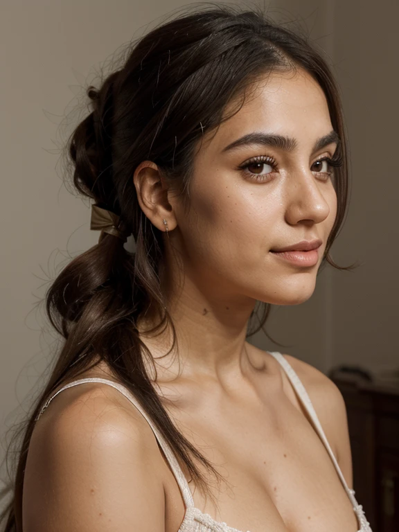 Imagine A girl, Named fatemeh, 25 years and 7 months and 21 days old/ mixture of Phoenician, Greek, Armenian, and Arab/almond brown eyes, Chocolate brown hair, ponytail/ bow-shaped lips, uptruned Nose, square jawline, narrow forehead, Protruding chin, high-arch and black eyebrows , phibrowsed/168 centimeters height, 61 kilograms weight,tanned body/ small mole on left eyebrow، small mole on the corner of the lower left lip, straight wavy hair،A small amount of acne on the cheek، Cheek depression, dimpled chin/ , RAW PHOTO, hyperrealistic, ideal face template, Fujifilm X-T3, 1/1sec at f/2.8, ISO 160, 84mm, smile
