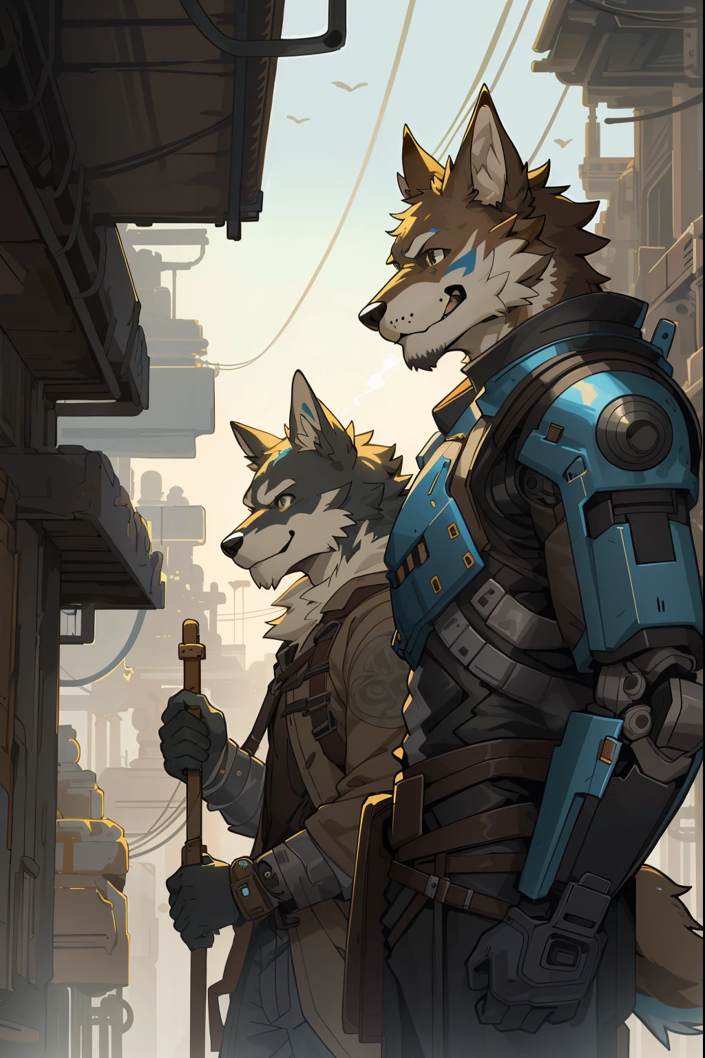 cover page, highres, top quality, best quality, paid reward available, unparalleled masterpiece, perfect artwork, absurdres, High-quality illustrations by Johannes Vermeer, Dark_Fantasy, Cyberpunk, steam punk(super handsome boy, single, kemono)Mechanical marvel, Robotic presence, Cybernetic guardian, wearing a worn-out mech suit, intricate(steel metal, rusty)(furry anthro:1.7)(Furry body, dog facial features, dog body features)elegant, clear focus, shot by greg rutkowski, soft lighting, vibrant colors, masterpiece((street))cowboy shot, dynamic angle,