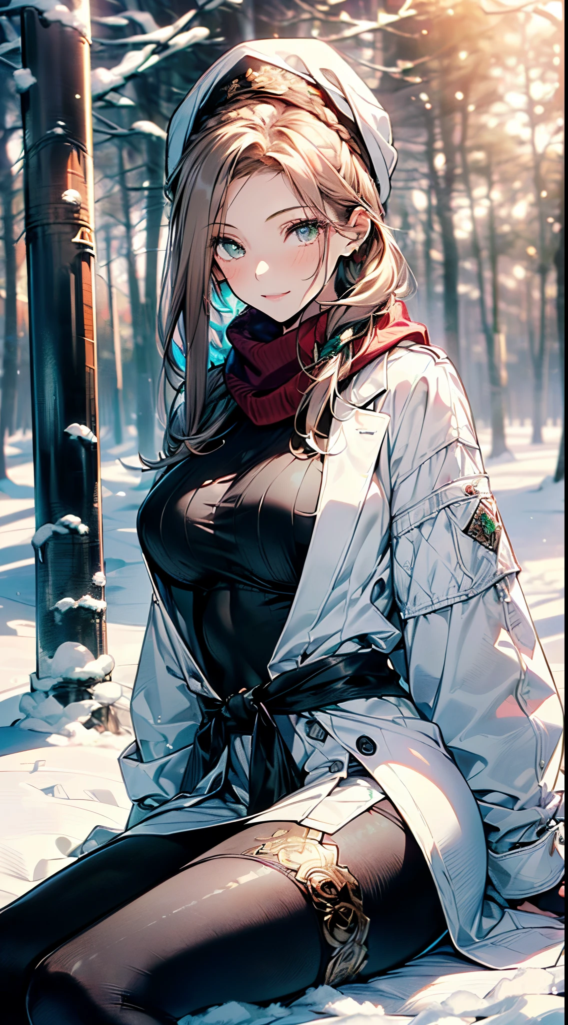 ((1 girl:1.5, playing around in snowy field in forest:1.37, sitting with lifting up knees:1.6, spreading legs:1.5)), Nordic, ((matured girl wearing Sexy white outfits:1.3, cable knit sweater:1.3, close-up chest:1.37, seducing sexually:1.3)), a matured woman with long hair and a white outfit, white winter coat with bore, knit scarf, green ribbon, knee length long boots, white and green winter outfits, wearing dark green pleated skirt:1.3, full bodyesbian, fine details, beautiful anime illustration, 26 years old, BREAK, ((milf:1.5, solo:1.5)), (sfw:1.25), (sagging breast, fuge breasts, big tits, thin waist, big ass:1.2), Raised sexy, (dark mahogany medium short hair, updo, hair over one eye, asymmetric hair, Carly hair, low tied braid, musulman, white Headscarfs, hair bands, head vandage, Turban), (ultra high resolution, 8K RAW photo, photo realistics, thin outline:1.3, clear focus, best qualtiy, natural lighting, textile shading, blurry back ground, depth of field, bokeh, (bright shiny pupils:1.2, fine detailed beautiful eyes with highlight:1.3, super detailed eyes, high detailed face), Red lip, fine realistic skins:1.1, looking at viewers:1.3, (dynamic angle:1.3, crotch focus:1.3, from below:1.4), (multi posing:0.0, sexy pose:1.3, sitting with opening legs shaped M:1.5), (seductive, sexy smile with:1.4), centered image:0.2, (wearing white long coat with bore and clothes:1.1, bare breast:1.2), gold ornaments, rolling red clothes around waist, dark brown long leather boots:1.3, translucent lace pantyhose), (((correct anatomy:1.5))), ((perfect hands:1.5, ideal ratio body proportions:1.37)), (in a night:1.3), outdoors:1.6, under starry sky:1.2,