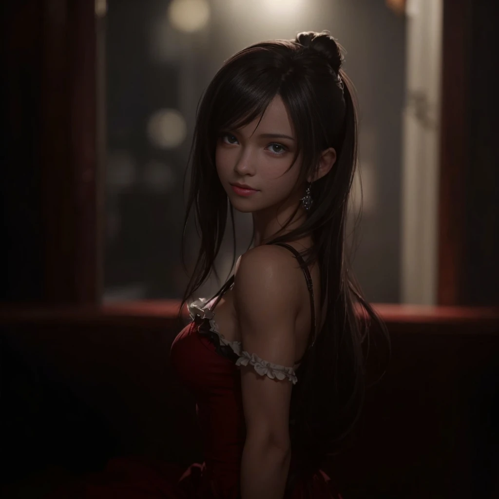 (best quality,ultra-detalhado),(Realistic:1.37),Tifa Lockhart, Rosto bonito e detalhado, maquiagem preta nos olhos, textura ultra realista, rosto delicado, corpo delicado, sorrisinho fofo
