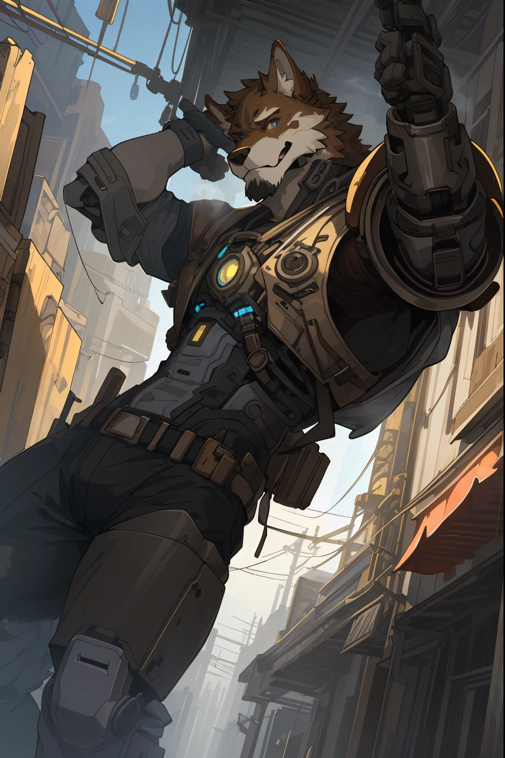 cover page, highres, top quality, best quality, paid reward available, unparalleled masterpiece, perfect artwork, absurdres, High-quality illustrations by Johannes Vermeer, Dark_Fantasy, Cyberpunk, steam punk(super handsome boy, single, kemono)Mechanical marvel, Robotic presence, Cybernetic guardian, wearing a worn-out mech suit, intricate(steel metal, rusty)(furry anthro:1.7)(Furry body, dog facial features, dog body features)elegant, clear focus, shot by greg rutkowski, soft lighting, vibrant colors, masterpiece((street))cowboy shot, dynamic angle,
