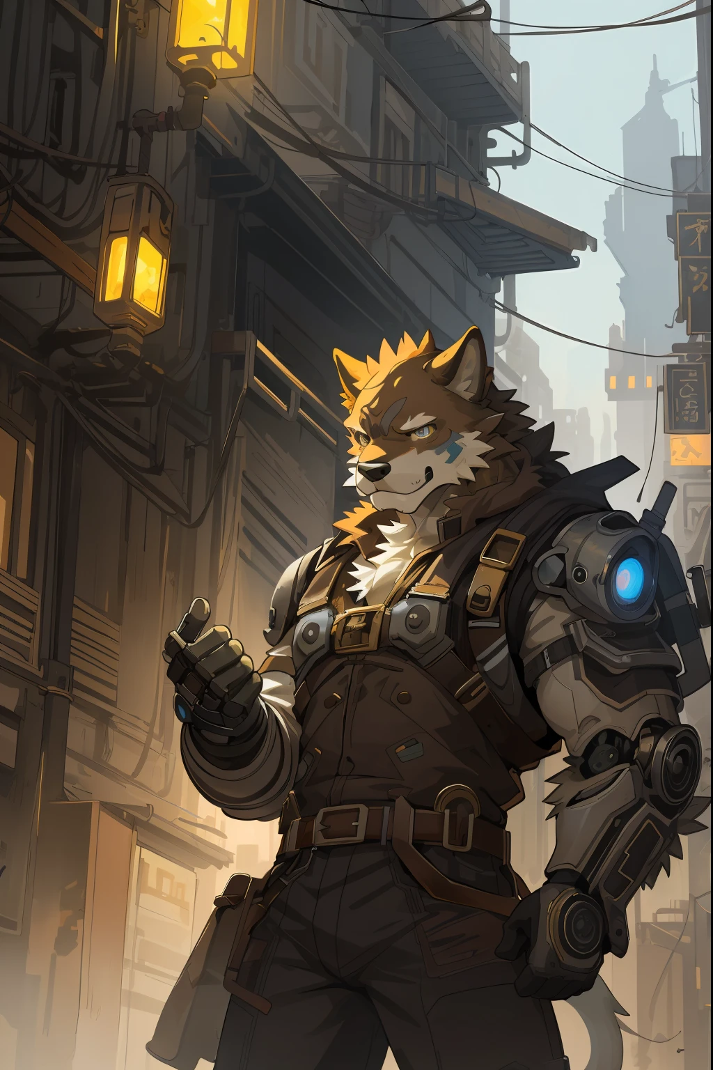 grizzbolt_palworld, (muscular:1.1), standing, fur, looking at viewer, evil grin, outdoor, armor, cogarmor2023, black long pants <lora:Grizzbolt:0.8> <lora:cogarmor2023:1>