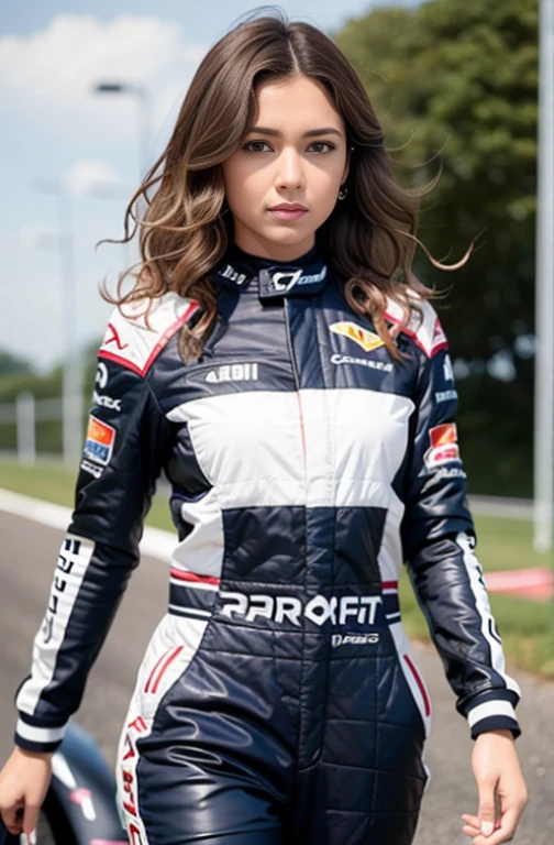 Uma mulher com um corpo normal com 35 anos, curly hair, Brown skin, Female F1 Driver, F1 Driver suit, ambiente de pista de corrida sem carros. somante asfalto.