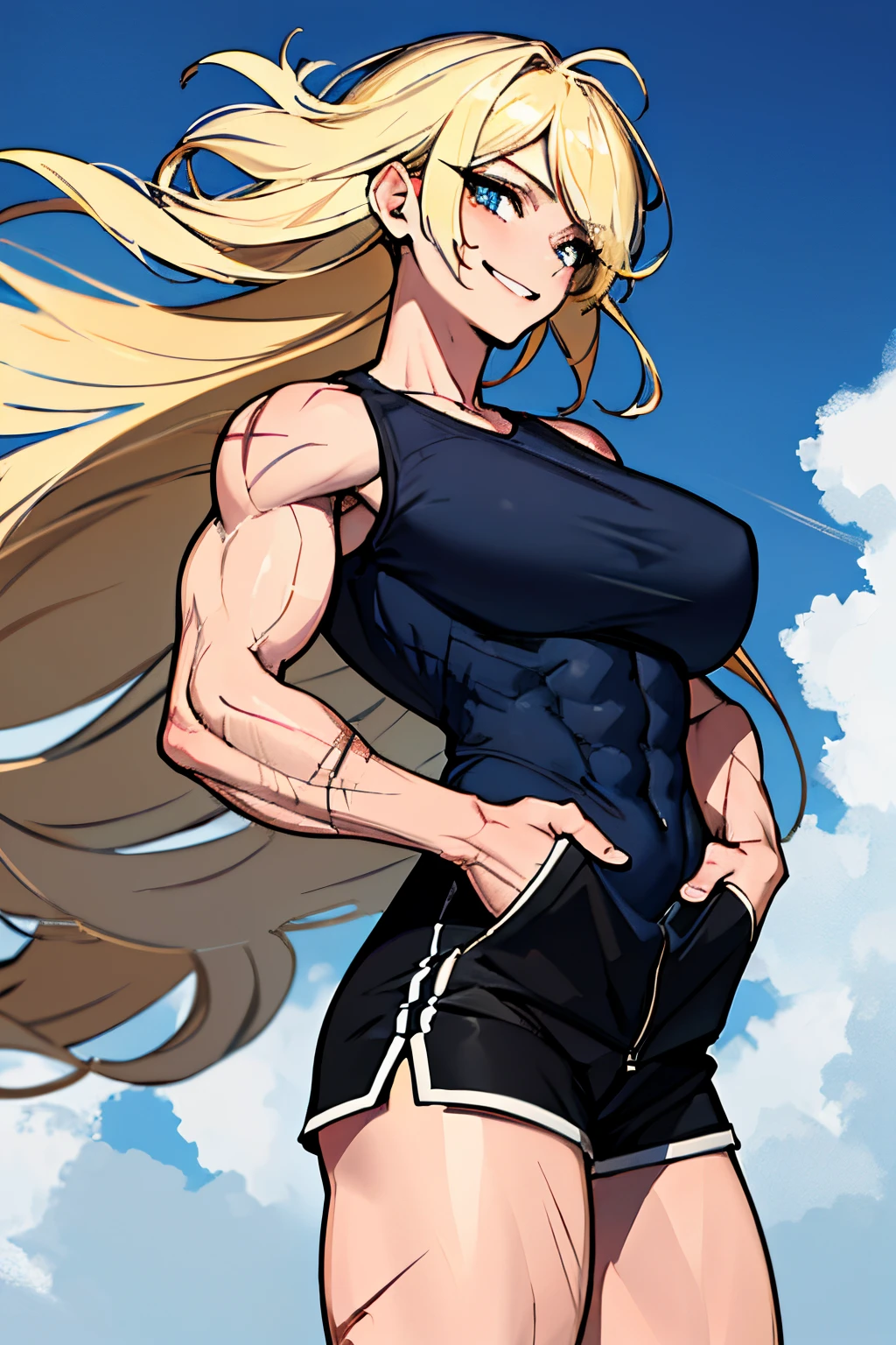 Very detailed、highest quality、Best image quality、masterpiece、8k、Anime Face、A kind smile、(Open your mouth:1.3)、Sparkling blue eyes、(Blonde semi-long hair:1.5)、(Muscles of the whole body:1.3)、(highleg:2.0)、Thigh belt、(Cowboy Shot:1.5)、(SFW Giant)、(Thick body:1.2)、(bra:1.5)、(sxspnts)、(Hands on hips:1.1)