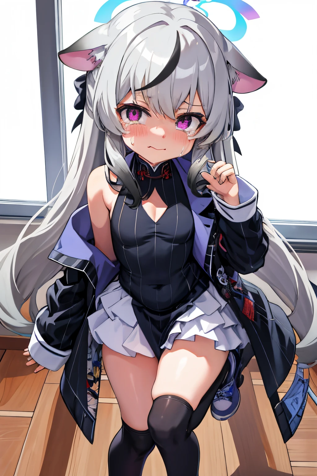 tmasterpiece, best qualtiy, ultra - detailed, 1girll,Gray hair Kokona, inside in room, Purple eye, :3,the face, tears, closeup cleavage, at school