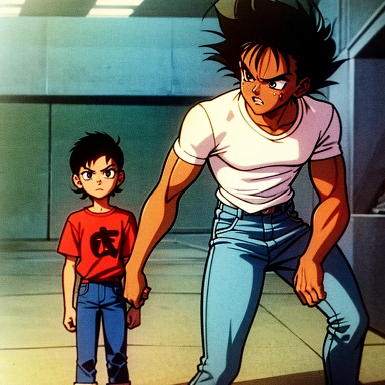 1980’s Anime Style, Dark Anime, Dark Anime Sci-Fi, solo, 1characterYoung African Cyborg Boy, Face tattoos,black hair. Short hair. Dreads,slim body figure.baggy jeans,wearing small Tshirt, holding katana, Angry Face, Abandoned mall, dark shaded area, dark lighting, image covered with dark tint