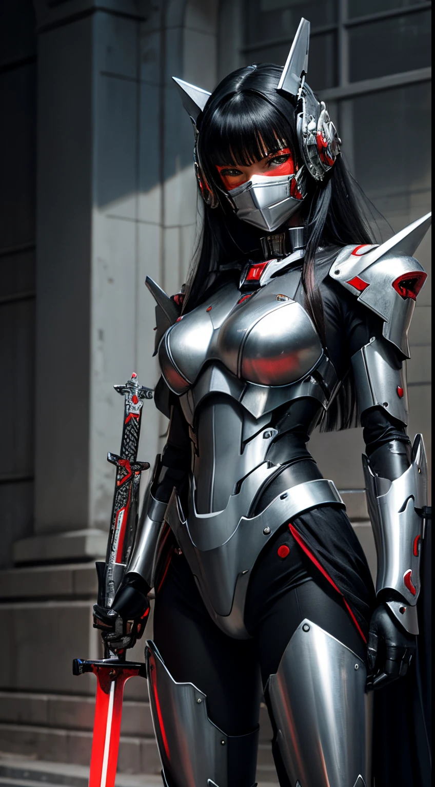 Mecha girl, silver, red, black hair, fierce, metal mask, holding sword