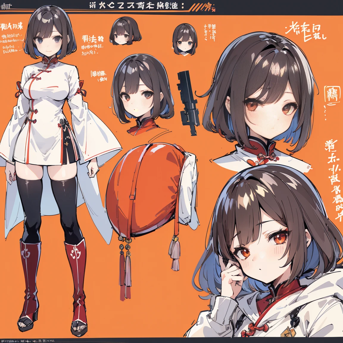 (Piece masuter,Best Quality,Ultra-detailed), (Character Sheet:1.2),full - body，1girl，long legs， Shirt，windproof boots，Orange，standing pose，HighestQuali,4k，Chinese girl design, Detailed Genshin graphics，anime character design，anime concept art，pretty anime character design，anime character reference sheet，[Character design]，4k，Detailed,brunette hair, super detaill, SolidBackground, higly detailed, 4k,Dagger Decoration,The same character, absurdress,traditional Chinese clothing,Full of Details, ((Character design sheet,same character,front,side,backboollustartion, big weapon, Cyborg, baggy clothes