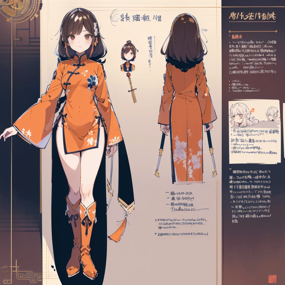 (Piece masuter,Best Quality,Ultra-detailed), (Character Sheet:1.2),full - body，1girl，long legs， Shirt，windproof boots，Orange，standing pose，HighestQuali,4k，Chinese girl design, Detailed Genshin graphics，anime character design，anime concept art，pretty anime character design，anime character reference sheet，[Character design]，4k，Detailed,brunette hair, super detaill, SolidBackground, higly detailed, 4k,Dagger Decoration,The same character, absurdress,traditional Chinese clothing,Full of Details, ((Character design sheet,same character,front,side,backboollustartion, big weapon, Cyborg, baggy clothes