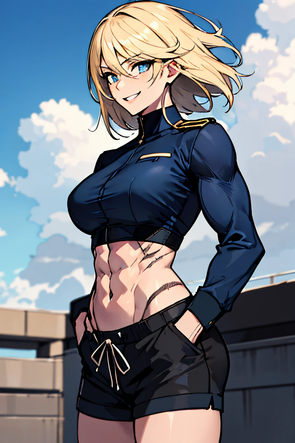 (absurdres, 8k, 4k, masterpiece, hyper extreme detailed:1.2), solo, 1girl, front view, perfect face, 1girl, portrait, expressive eyes, looking at viewer, solo, standing, Female, toned body, mature female, large breasts, pale, platinum blonde hair, short hair, dark blue eyes, swept bangs, athletic body, stoic, windy hair, moving hair, moving clothes, shorts, black shirt, German, Military, battle worn, scars, messy hair, smile, happy, heroic, perfect anatomy, friendly, heroism, light blonde hair, blue sky, sun, clouds, muscular, half body, strong, hands in pockets, veins, muscle definition, abs,