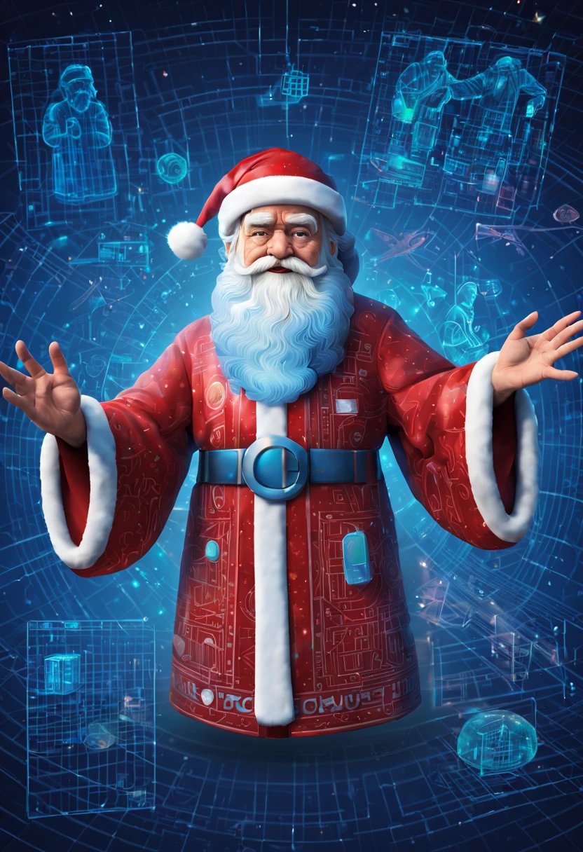 Saint Claus Hologram Schematics, linocute, mix media,collage, vector for t-shirt, mosaic effect, 3D, high resolution, 4k