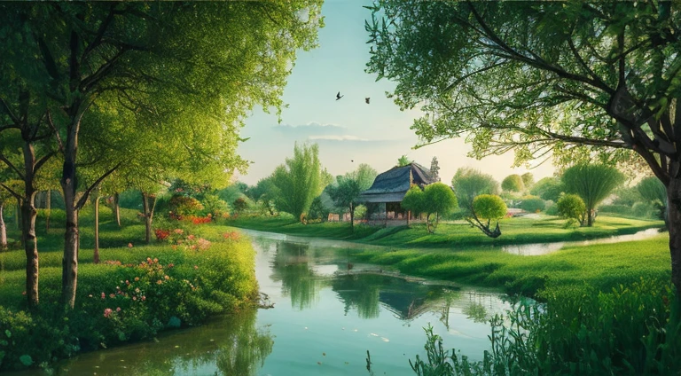 At dusk, green trees, willows flying, surrounded by blue water, small bridges and flowing water, antique color, floral fragrance, warm as jade, birds singing and flowers, water town paintings, leisurely, real photography, 16K resolution