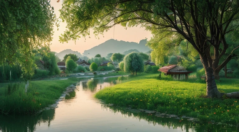 At dusk, green trees, willows flying, surrounded by blue water, small bridges and flowing water, antique color, floral fragrance, warm as jade, birds singing and flowers, water town paintings, leisurely, real photography, 16K resolution