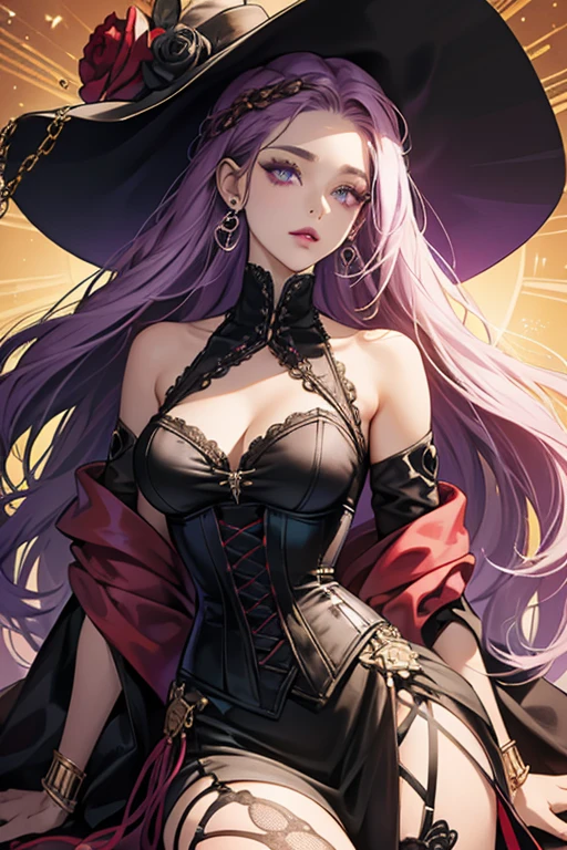 Maria has long straight purple hair that is styled into two braids that are parted in the center in the front of her hair. She is tanned skinned and her makeup consists of a skull design that has purple, black, and red designs. There is a heart in the center of her face. Her lipstick color is bright red with black details. Maria wears a red flower gown and corset with multiple layers that include black lacing. In the center of corset, there is a golden heart detail. Underneath, she wears a sheer fishnet bodysuit, with skeleton details. Her boots are black leather and have golden buttons going up the boot. She wears golden bracelet skeleton hand details. For her accessories, she includes a purple skull shaped shoulder bag with a chain, dangly snake shaped earrings, a sun-hat that is details with flowers and other designs, and sun-like headband, which has sunrays on the top for detailing, and roses. For earrings, she includes rose earrings that dangle, fancy black earrings with gold details that have a unknown face in the center, and multiple dangly gold pieces, and finally gold bug earrings.