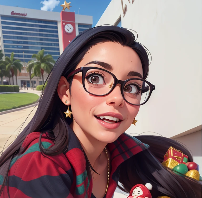 35 year old latin woman, with wave hair, in glasses and Christmas skirt, sorridente, em modisn estilo Disney, cartaz filme da disney e pixar, alta qualidade