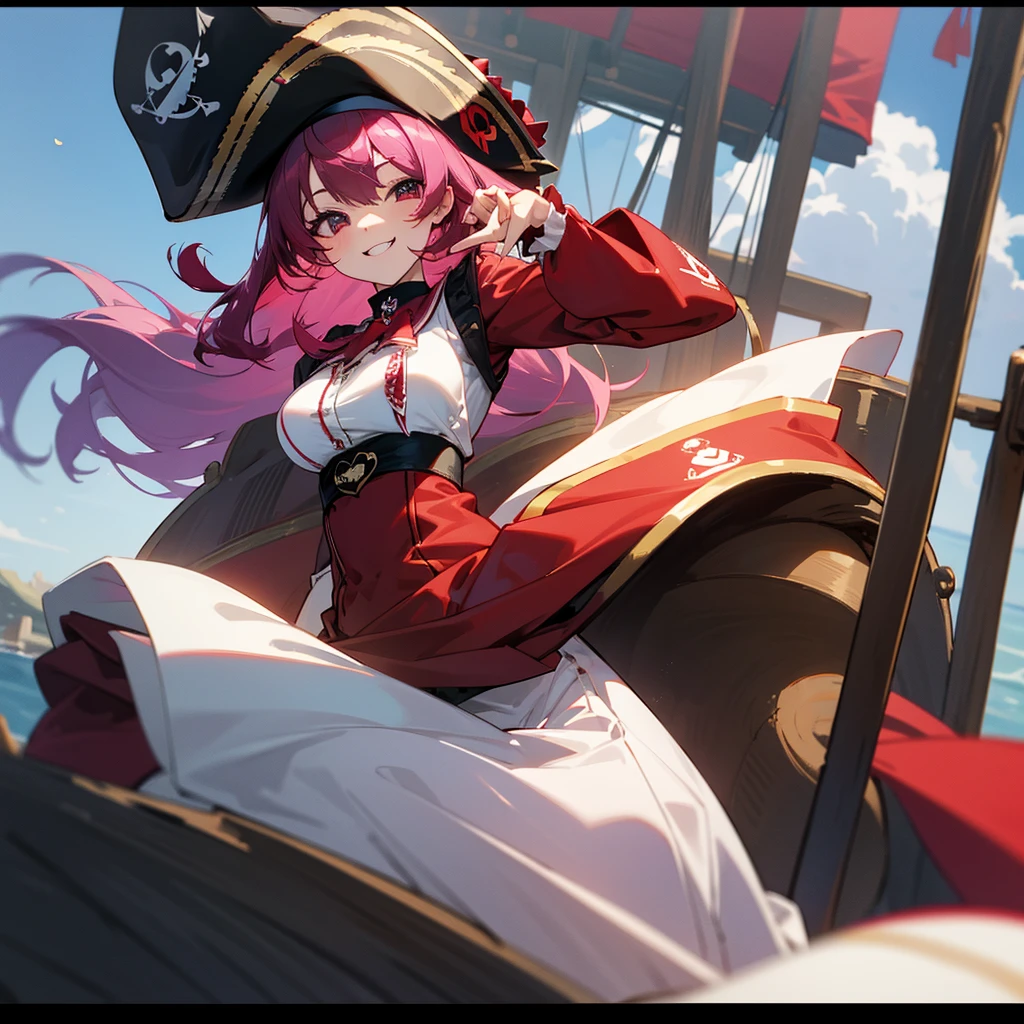 ((1 pirate octopus woman, with bare chest, a tentacle coming out of her pussy)),((big breasts)),((very large pubic hair)),((big pink hair)),((pink eyes, smile )),((facing the viewer)),((on a pirate ship, at sea during the day)),