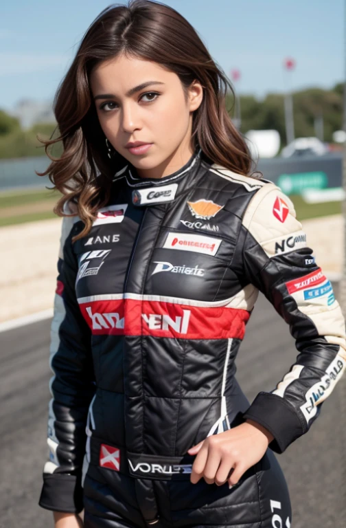 Uma mulher com um corpo normal com 35 anos, curly hair, Brown skin, Female F1 Driver, F1 Driver suit, ambiente de pista de corrida sem carros, sem carros de corrida. somante asfalto. reta de largada ao fundo, check flag line