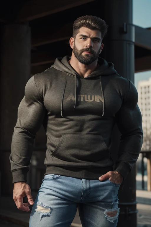 (((1man))), muscular, brown eyes, casual clothes, sweatshirt, handsome, nerd, dynamic,  sfw, playing videogames, (intricate details,  Masterpiece, high quality, best quality, realistic), (musclebears:0.5), bulgerk-soft