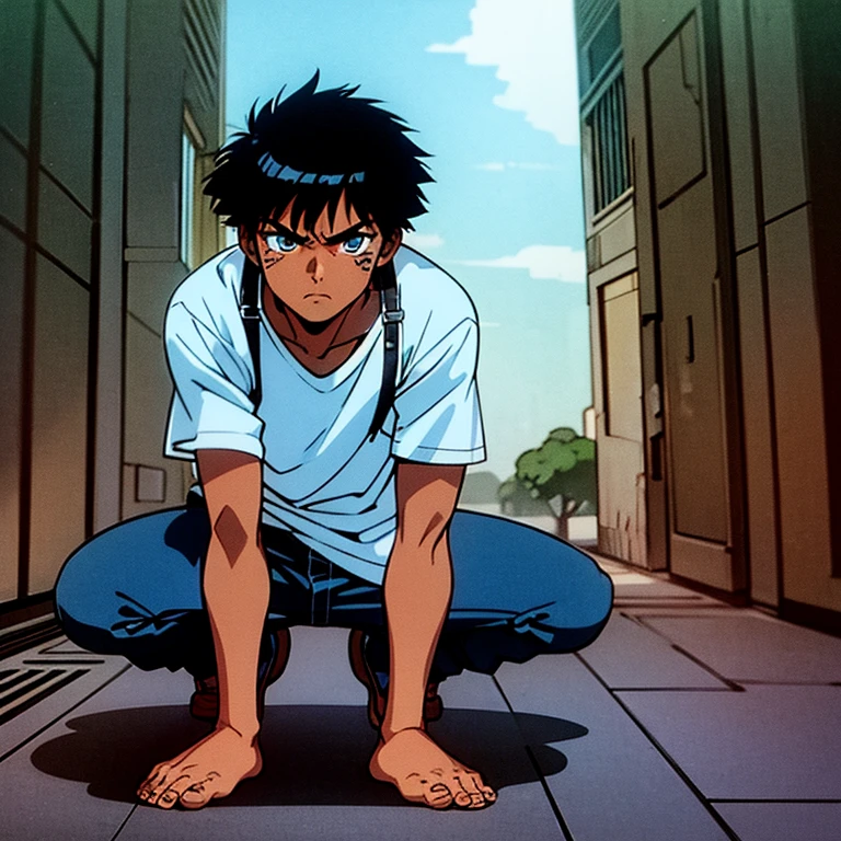 1980’s Anime Style, Dark Anime, Dark Anime Sci-Fi, solo, 1characterYoung African Boy, Face tattoos,black hair,Short hair, Dreads,slim body figure.extremely baggy jeans,wearing small Tshirt, holding gun, Angry Face, Abandoned mall, dark shaded area, dark lighting, image covered with dark tint,straight toward pose