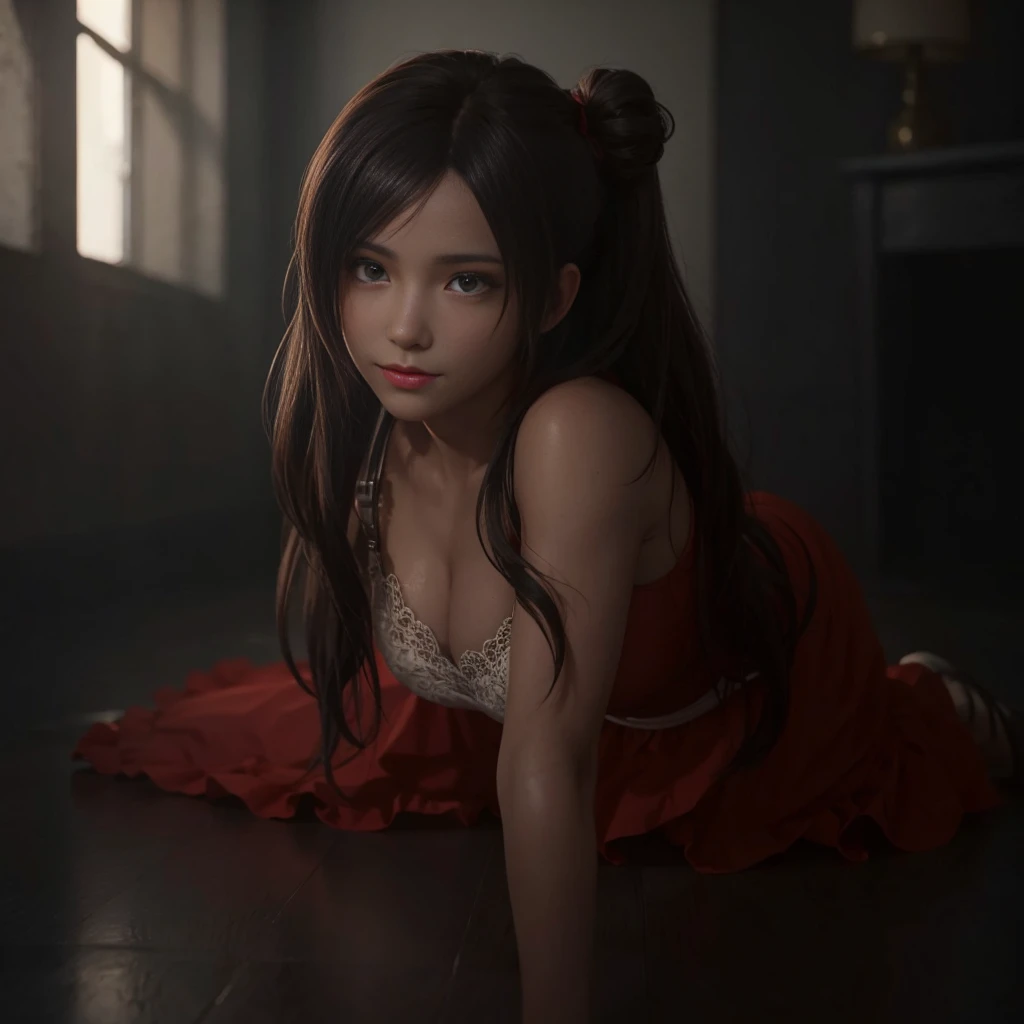 (best quality,ultra-detalhado),(Realistic:1.37),Tifa Lockhart, Rosto bonito e detalhado, maquiagem preta nos olhos, textura ultra realista, rosto delicado, corpo delicado, sorrisinho fofo