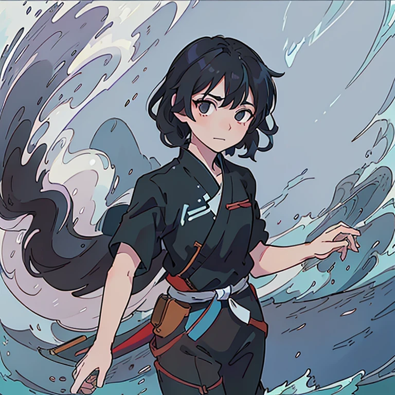 Anime style, anime art, man, male, short curly black hair, colored line art, pale skin, colored line art, leaning over ledge, looking into ocean, calm face, dynamic pose, beautiful line art, long flowing deep blue and black clothes, brown eyes, small smile, jujitsu kaisen style art, jujitsu kaisen, colored line art, anime style, old tradition clothes