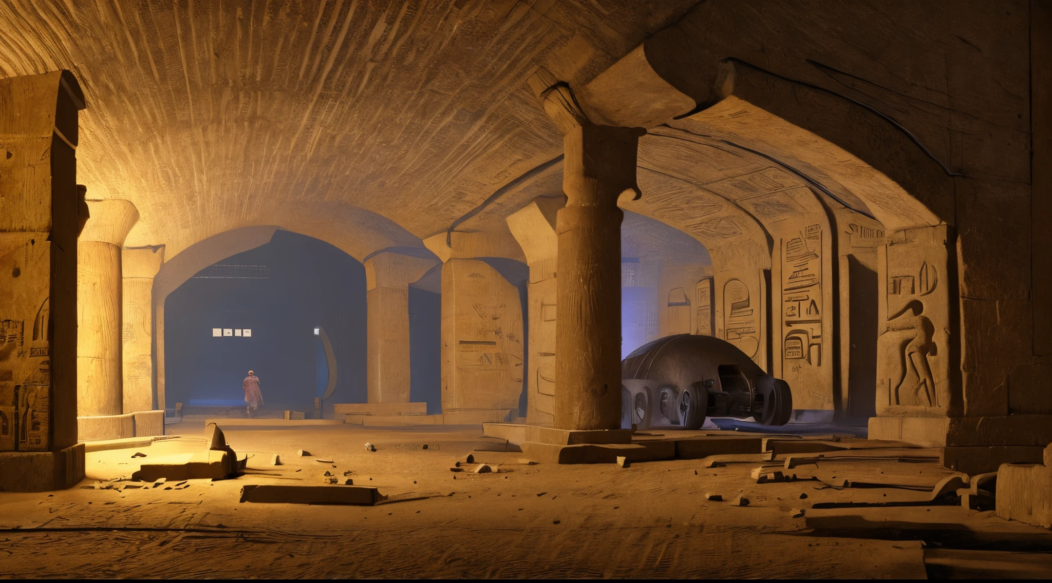 at night, broad quiet cyberpunk tunnel, egyptian hieroglyph