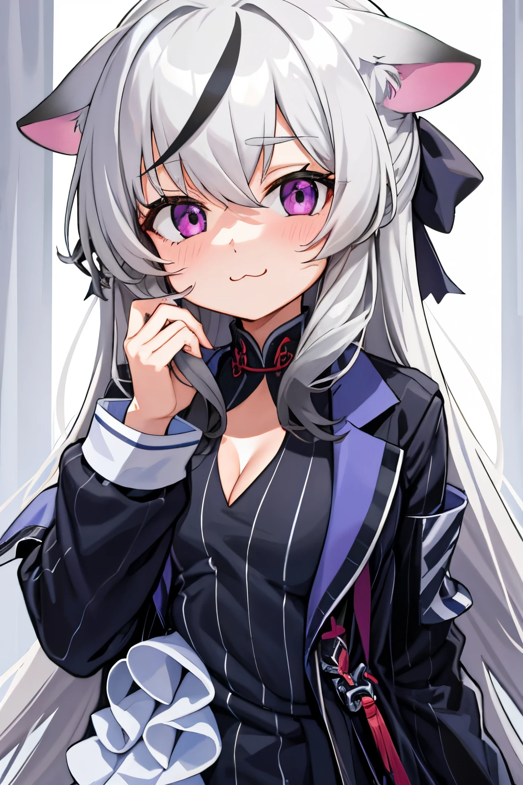 tmasterpiece， best qualtiy， ultra - detailed， 1girll，Gray hair Kokona， inside in room， Purple eye， ：3，the face， closeup cleavage